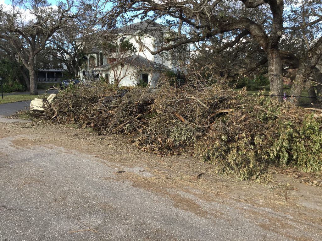 Piles of downed trees, limbs, trash and debris cleared by Free relief service volunteers from Mission Church